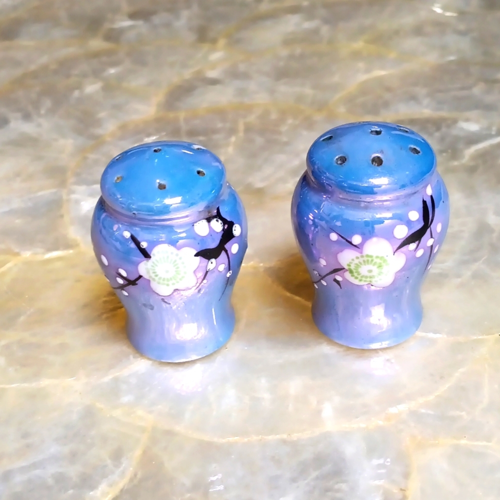 Vintage Blue White & Green Blossom Salt & Pepper Shaker Set "see photo for Chip"